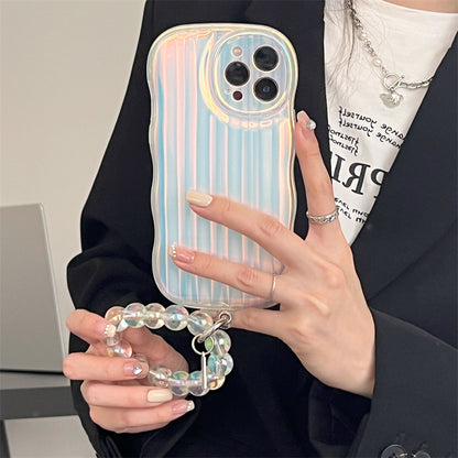 Laser Wave Silicone Phone Case Gradient Laser Stripes Bracelet Case For 14 13 12 11 Pro Max Plus Bead Chain