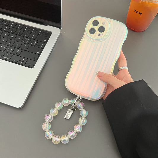 Laser Wave Silicone Phone Case Gradient Laser Stripes Bracelet Case For 14 13 12 11 Pro Max Plus Bead Chain