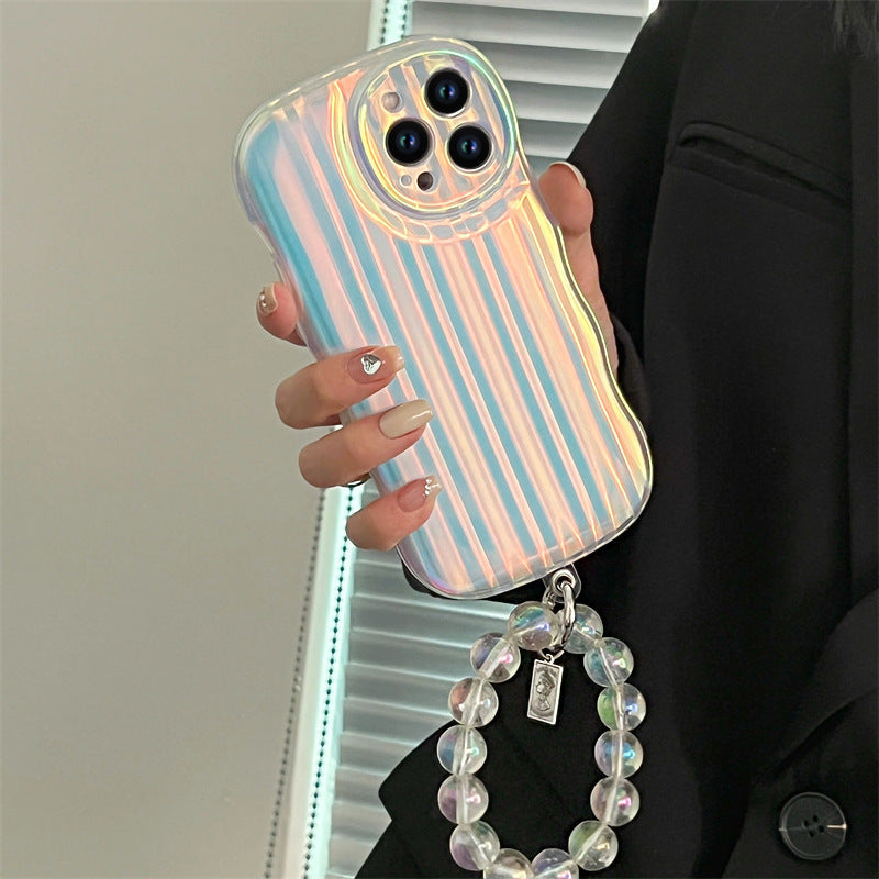 Laser Wave Silicone Phone Case Gradient Laser Stripes Bracelet Case For 14 13 12 11 Pro Max Plus Bead Chain